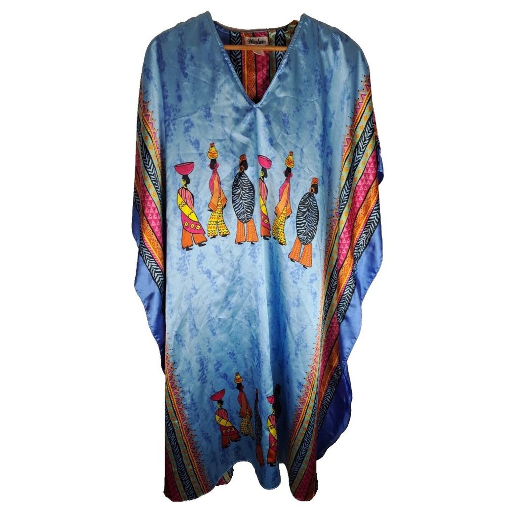 Womens Winlar Kaftan Dress Maxi MuuMuu Blue Satin Striped Tribal One Size